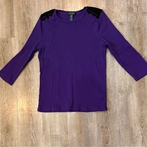 Lauren By Ralph Lauren Purple 3/4 Sleeve Black Suede Shoulders SZ XL